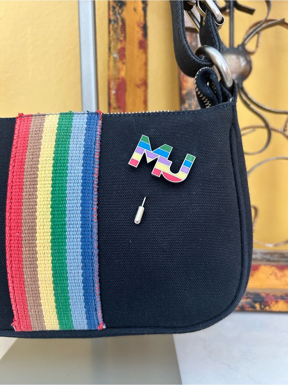 Marc Jacobs Black Canvas Rainbow Stripe Shoulder Bag Y2K Baguette Festivalstyle - Picture 4 of 13
